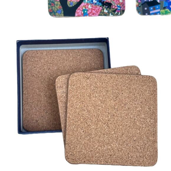 Haitang Coaster Set of 6 Colorful Asian Folk Art Cork 4” Square NIB Hostess Gift - Picture 2 of 6